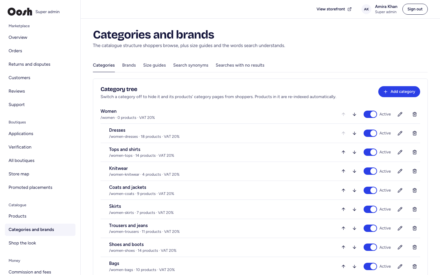 Categories and brands management