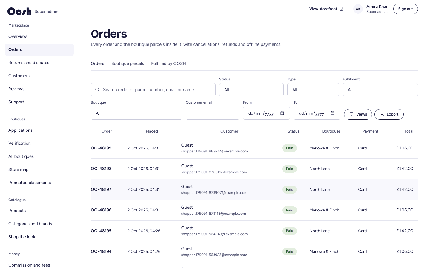 The admin orders list