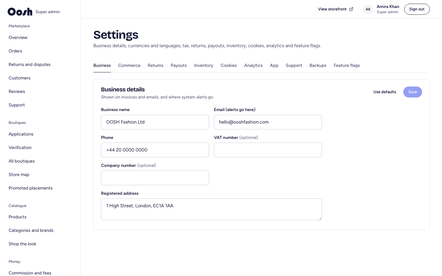 The platform settings screen