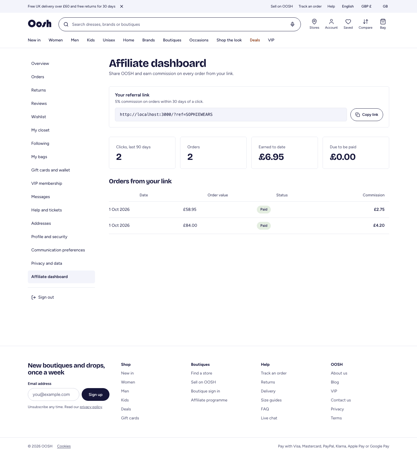 The affiliate dashboard with link and earnings