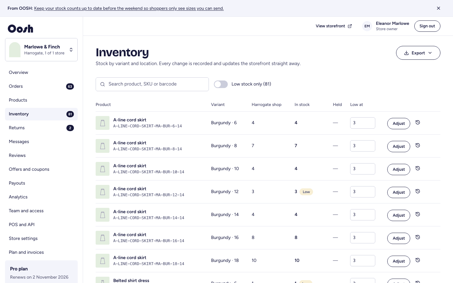 The inventory screen with per-size stock