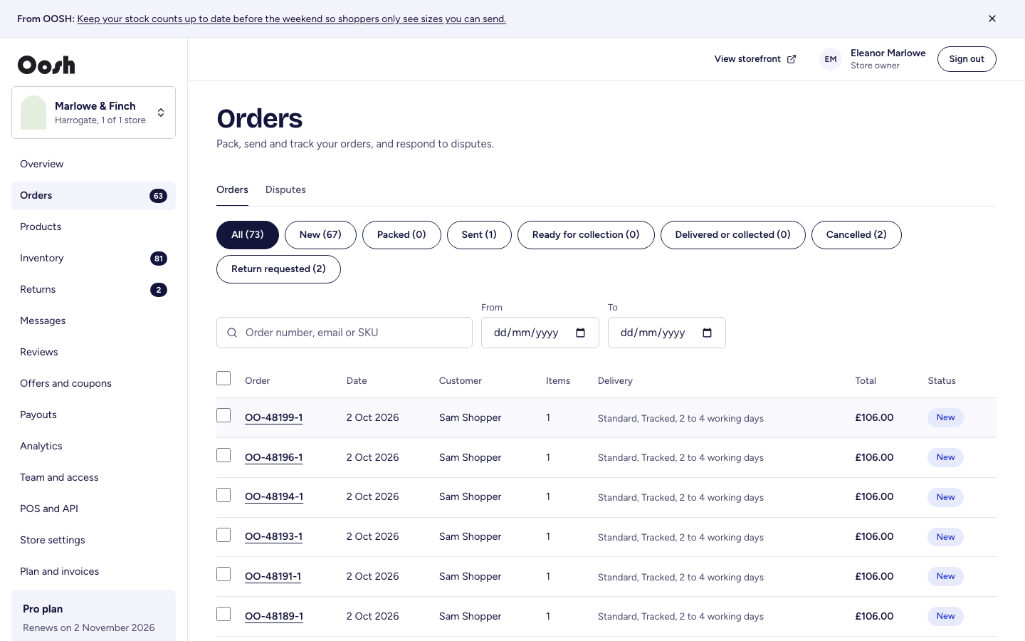 The orders list in the boutique back office