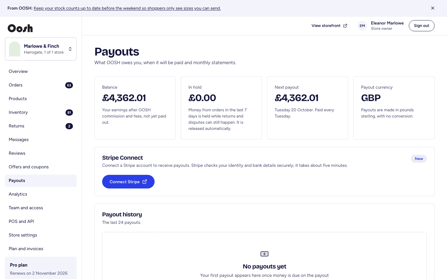 The payouts screen