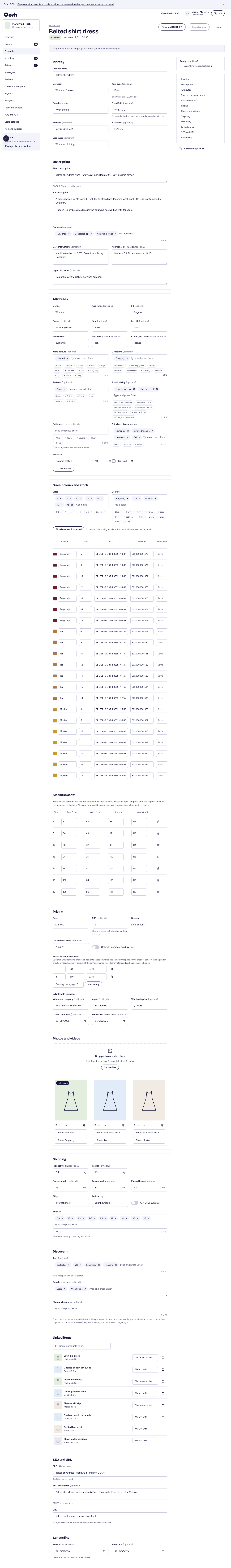 The product editor with identity, variants, pricing and photos