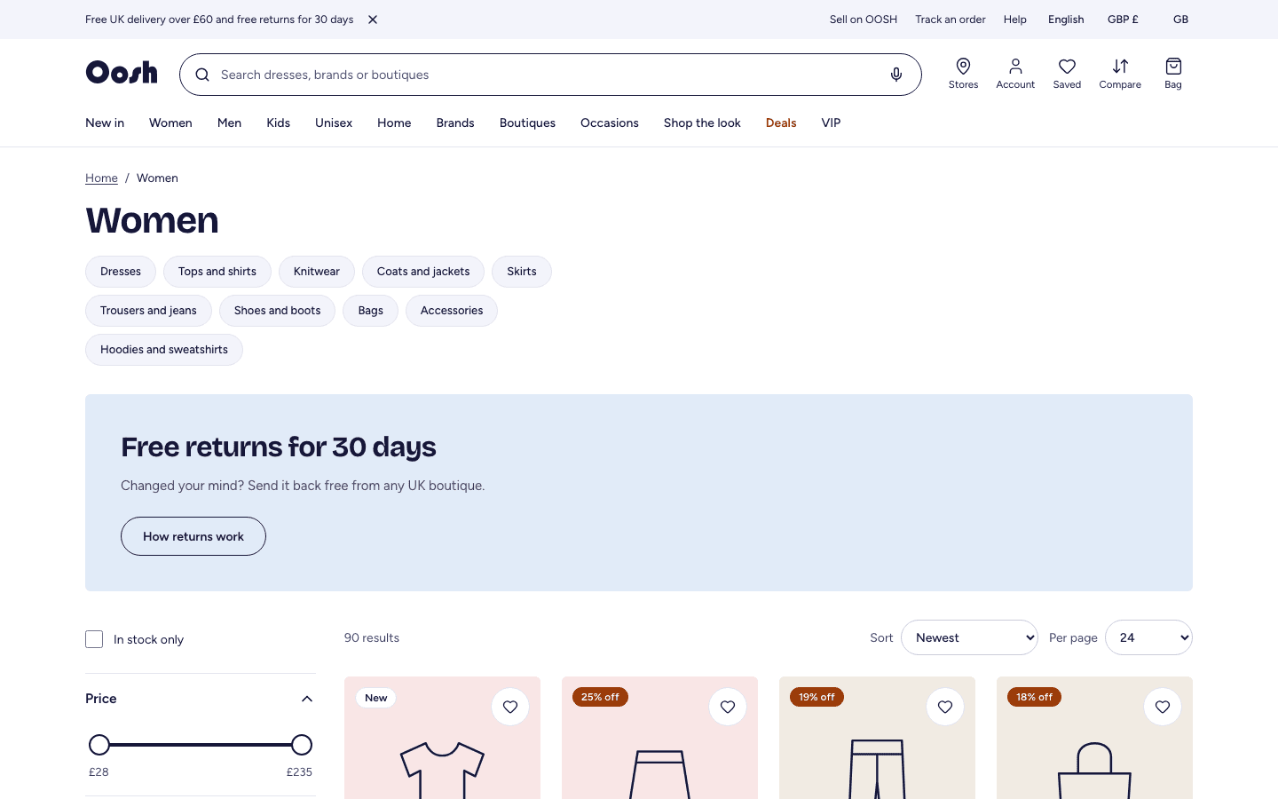 A category page with filters, sort and product cards