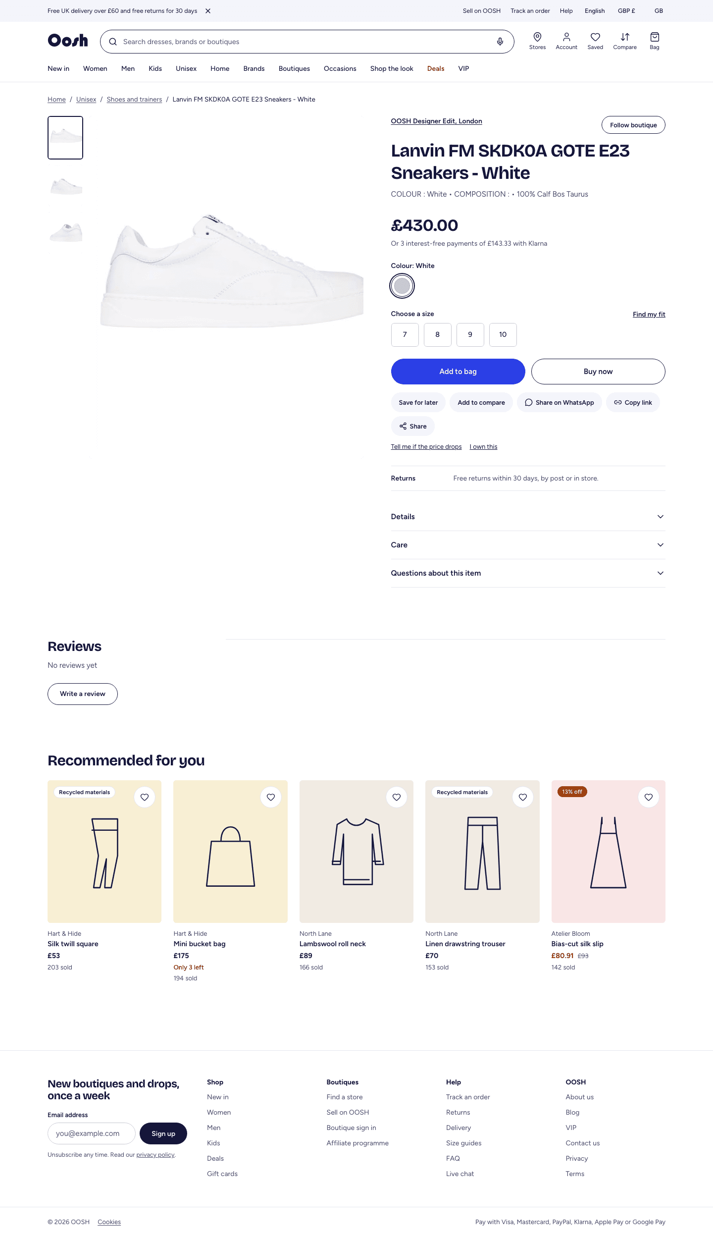 A product page with photos, size picker and add to bag
