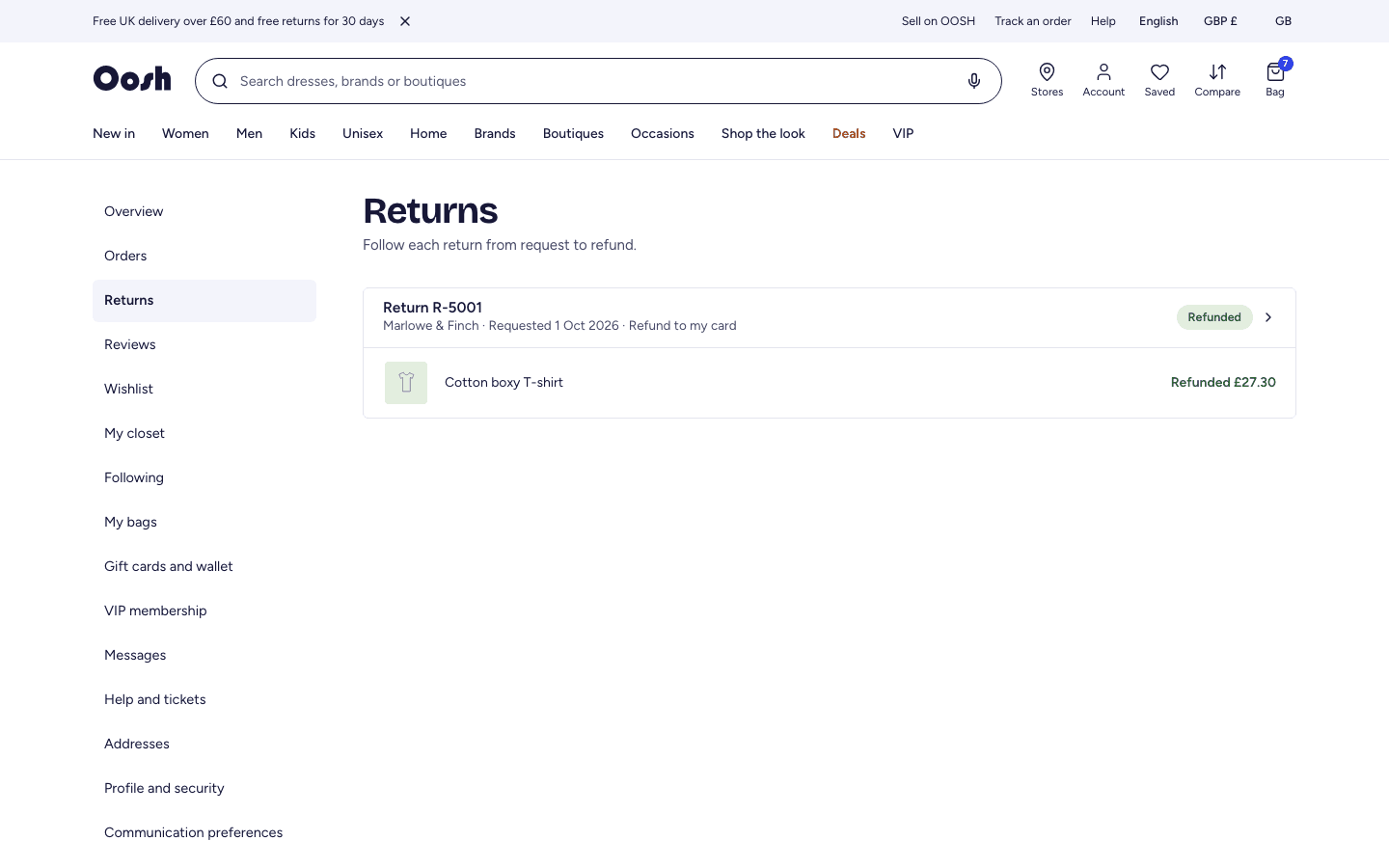 The returns area in the shopper account